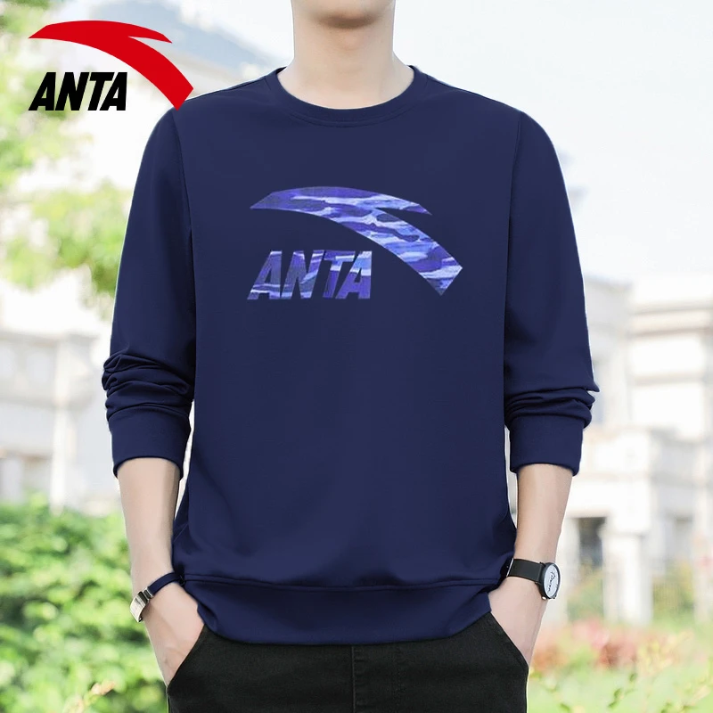 安踏休闲长袖男卫衣圆领时尚大logo2025春秋新款运动跑步男士T恤