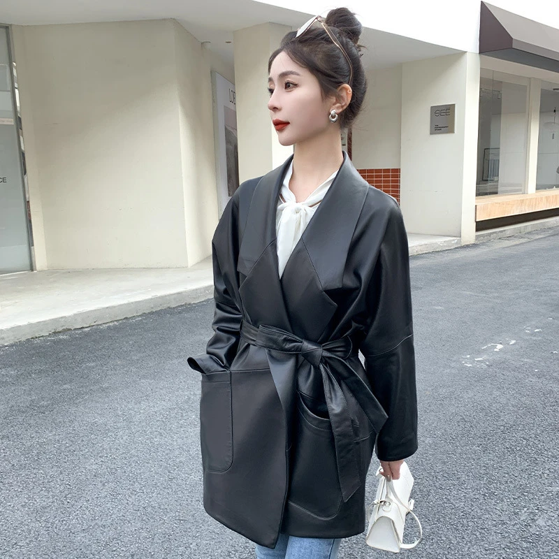 100%绵羊皮真皮皮衣女春季新款阔版宽松皮西服小羊皮风衣外套