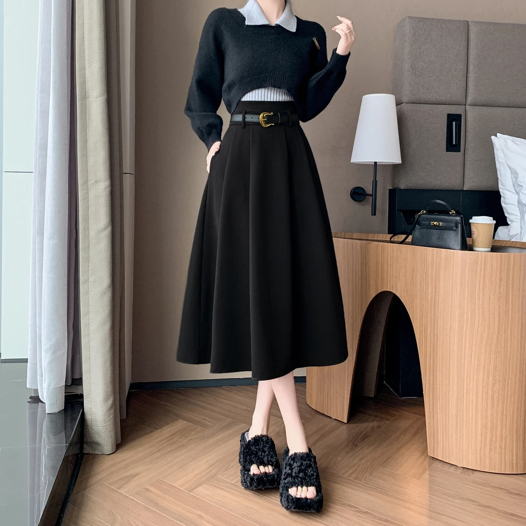送腰带秋冬毛呢半身裙中长裙毛呢裙高腰修身百搭宽腰大摆裙伞裙