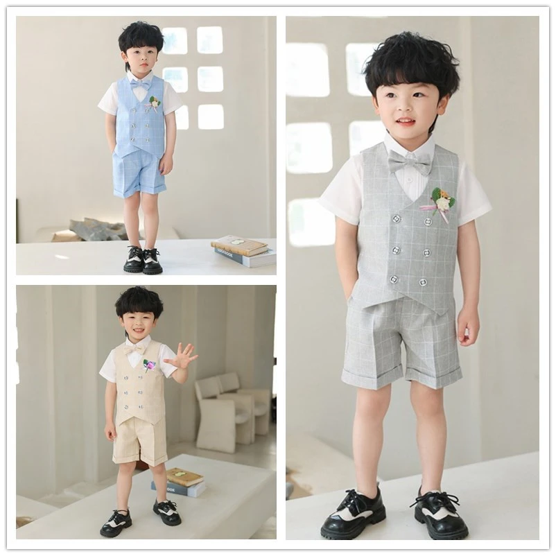 夏季新款儿童绅士服男童格子马甲短裤套装小孩生日礼服六一表濱服
