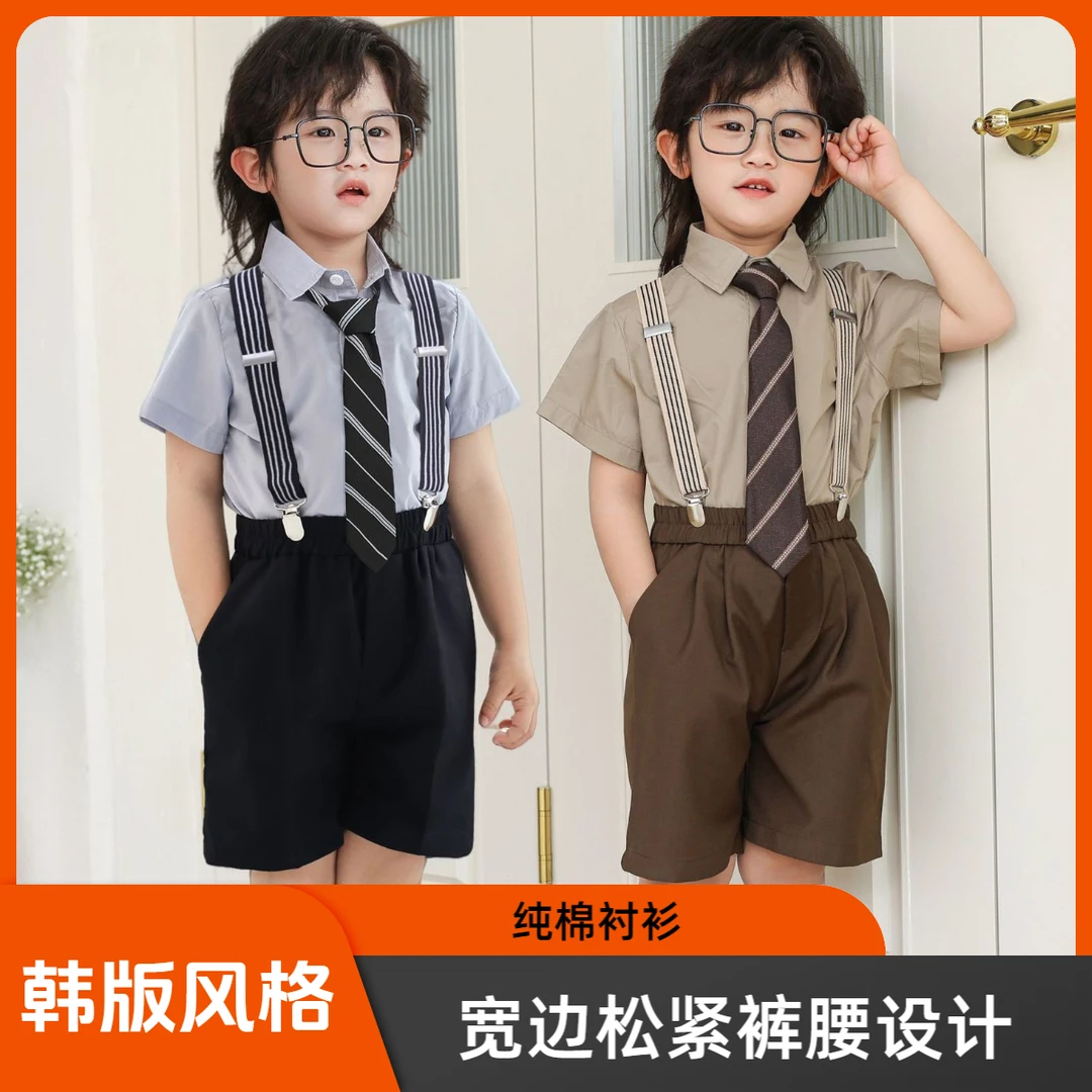 男童纯棉夏季生日花童儿童衬衫套装礼服幼儿韩版英伦背带裤演出服