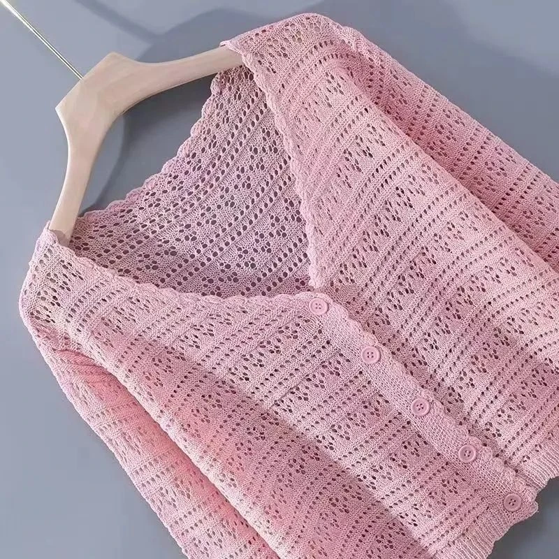 夏季新款冰丝针织开衫女宽松韩版薄款长袖短款镂空防晒衣披肩外搭