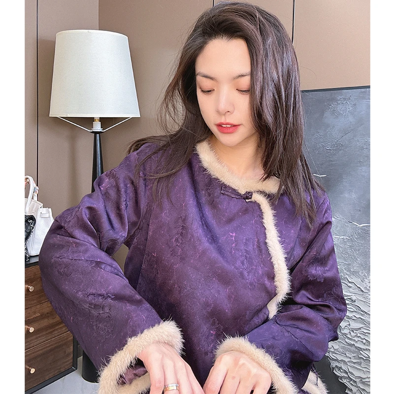 美美国风【夹棉】秋冬复古斜襟貂毛拼接印染提花新中式棉服上衣7823