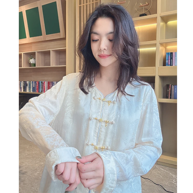 美美国风【金玉满堂多用衫】气质优雅复古圆领提花盘扣长袖上衣903