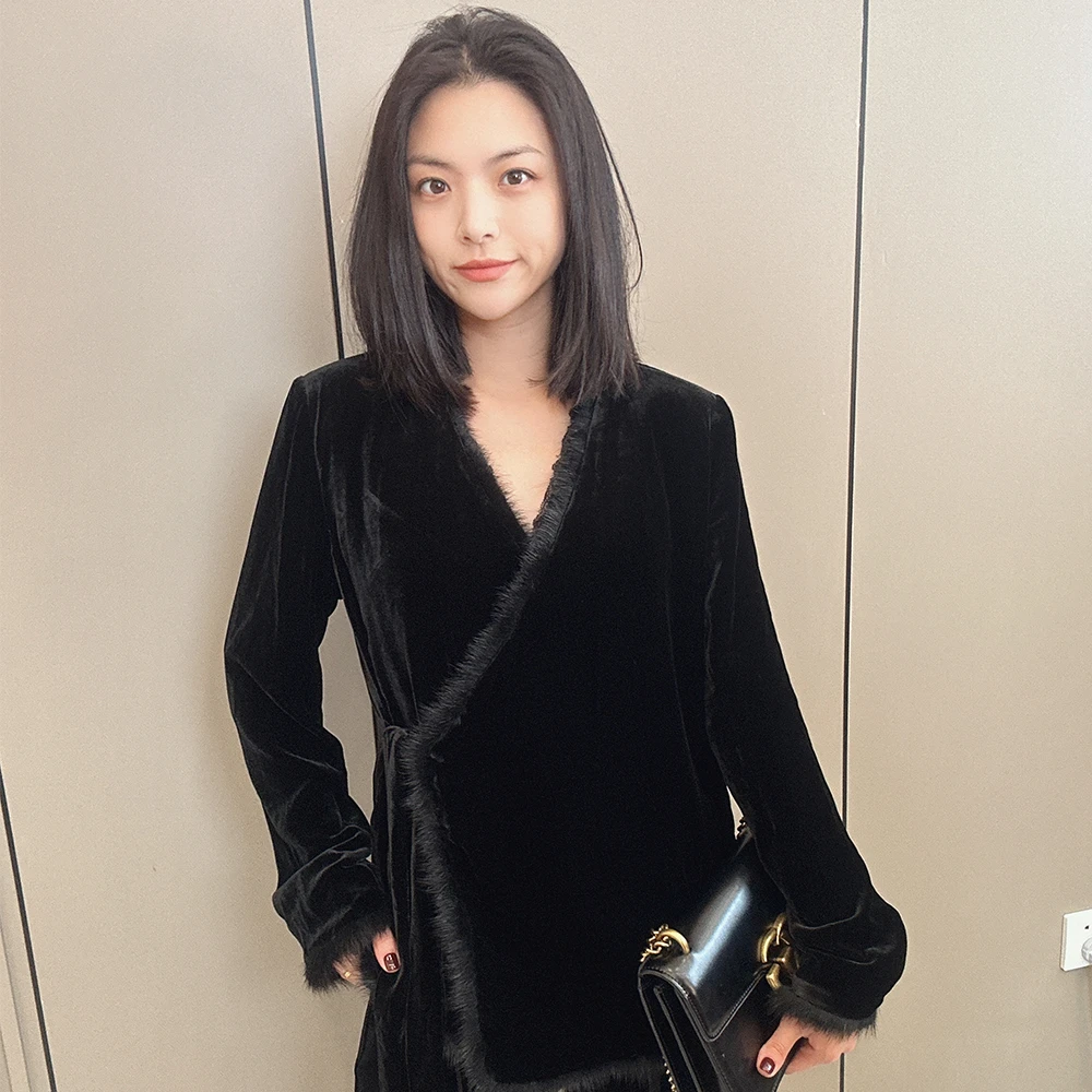 美美国风2023秋装新款复古斜襟丝绒长袖上衣毛边轻奢气质女装7387
