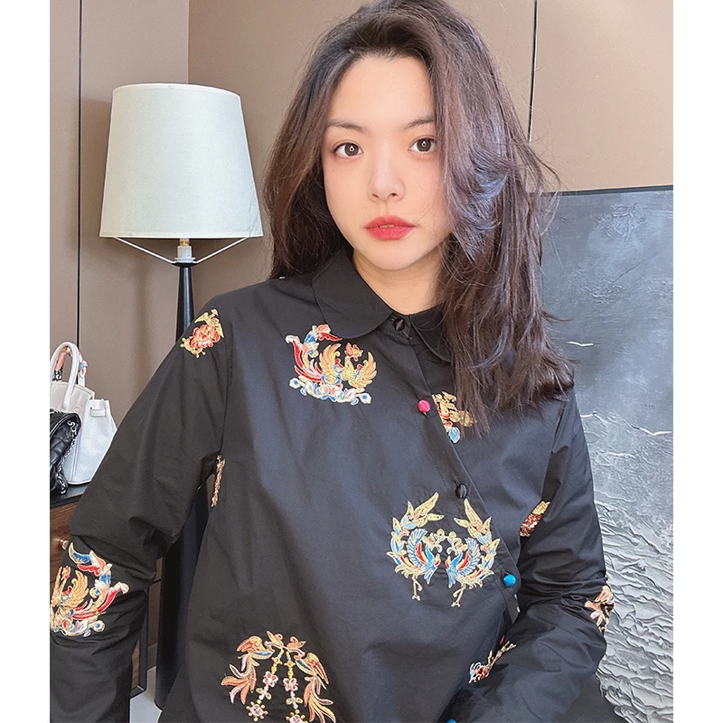 美美国风2025新款新中式重工刺绣衬衣立领斜襟长袖上衣6709