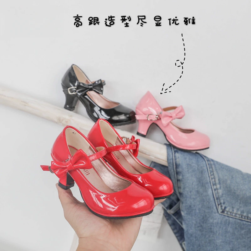女童韩版纯色蝴蝶结儿童鞋2024新款浅口皮鞋高跟鞋大童公主鞋