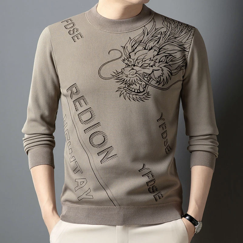 高品质加绒加厚羊毛衫男款保暖秋冬季圆领男士毛衣印花针织打底衫