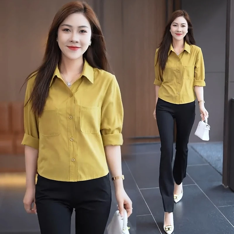 春夏季女衬衫长袖2025新款纯色短款小个子百搭衬衣夏垂感短袖上衣