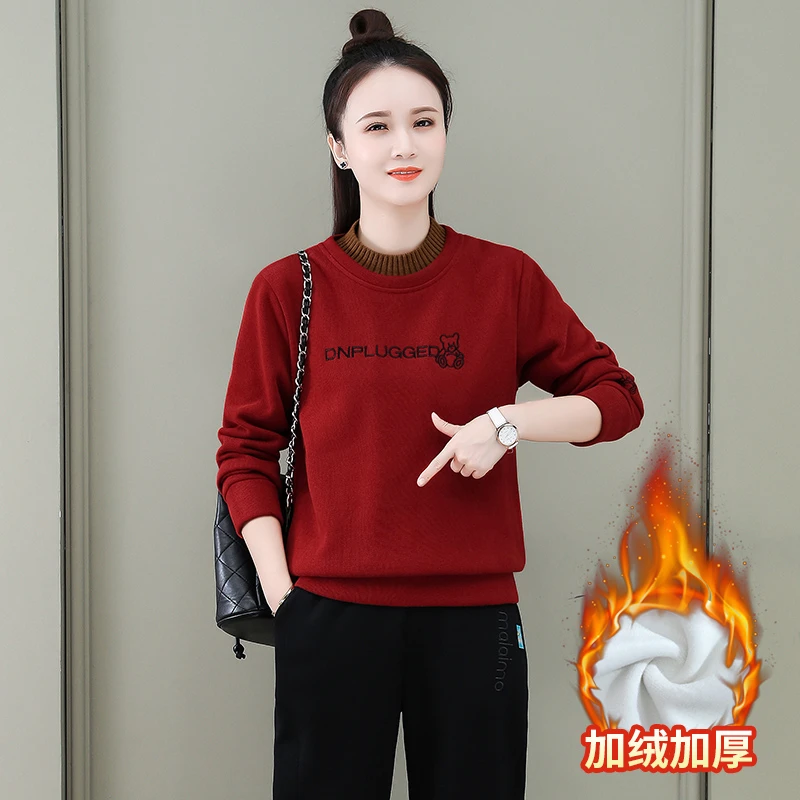 加绒加厚卫衣女2022年宽松韩版休闲女士假两件妈妈装婴儿绒打底衫