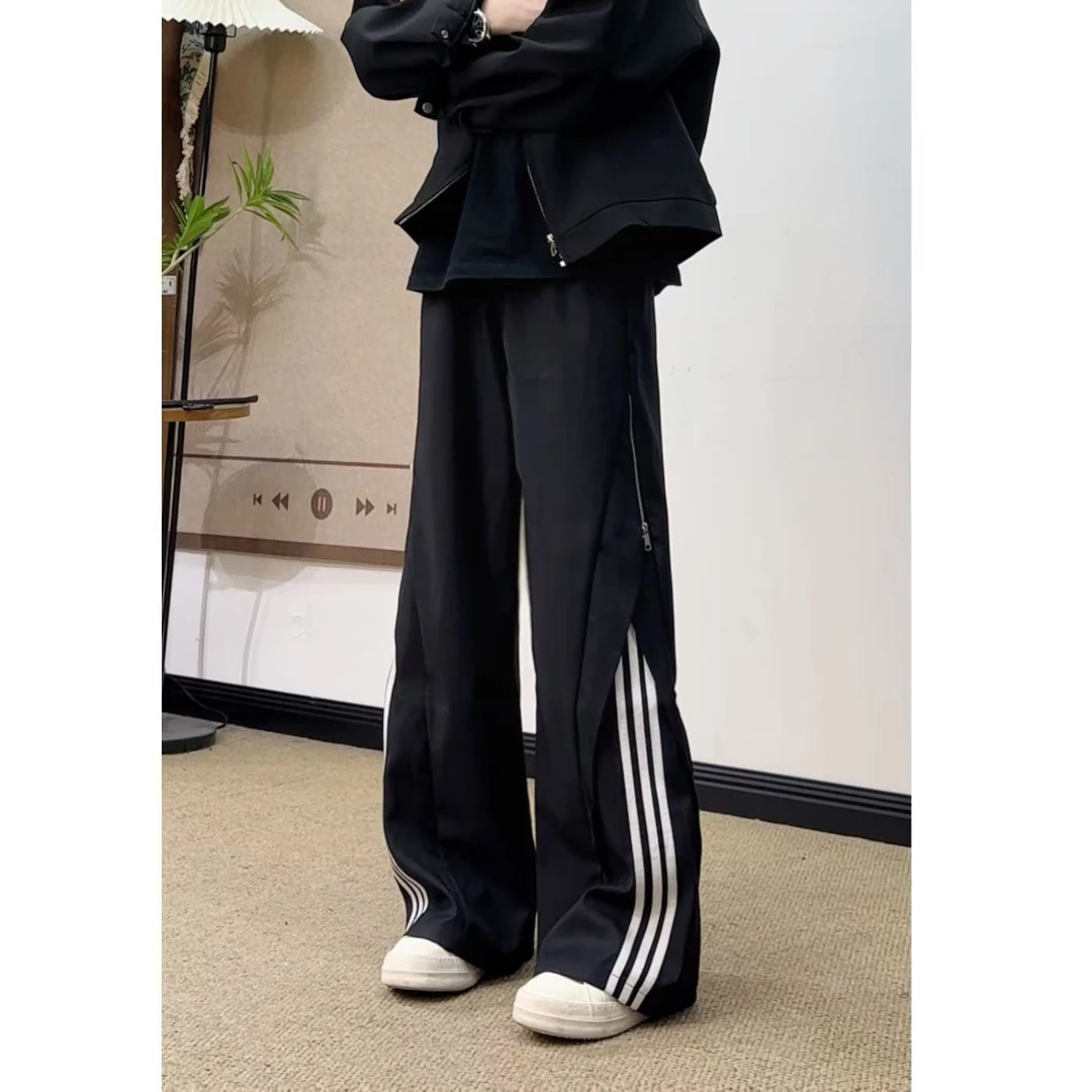 【解构三条杠】拉链美式阔腿裤女宽松垂感西裤街舞运动休闲裤子男