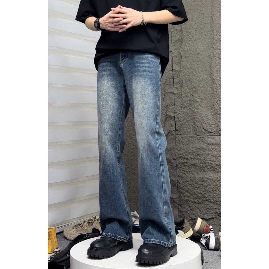 美式高腰铁锈蓝水洗牛仔裤潮牌百搭休闲显瘦显高宽松直筒微喇长裤