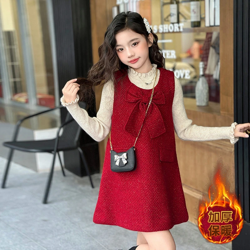 女童蝴蝶结连衣裙公主裙冬季加绒加厚6-12岁洋气年服裙毛衣裙套装