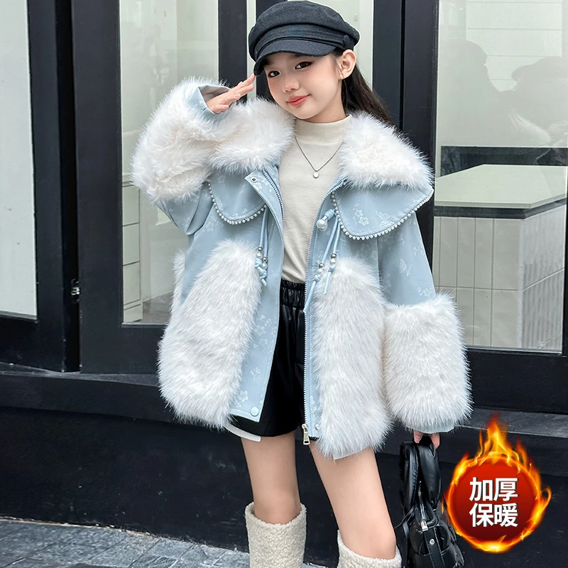 女童皮草加绒加厚保暖外套2024冬季新款中大童儿童洋气皮毛一体衣