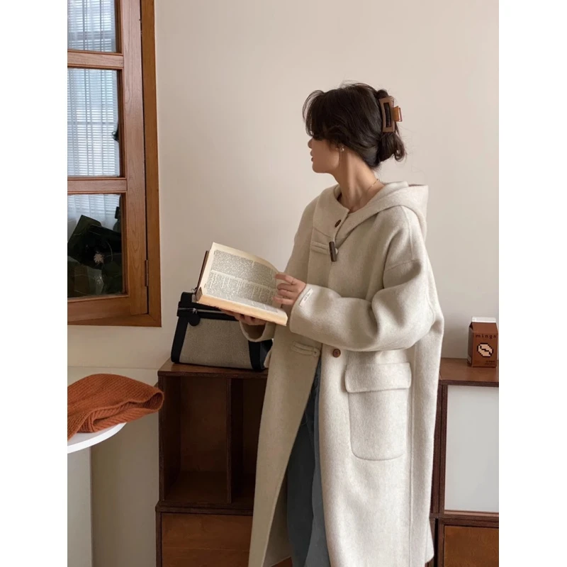 2024秋冬新款宽松连帽牛角扣双面羊毛呢大衣女韩系学院风毛呢外套