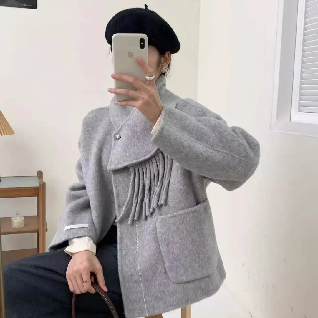 欧尼围巾款可脱卸两穿一粒扣双面羊毛毛呢大衣外套女高级秋大衣