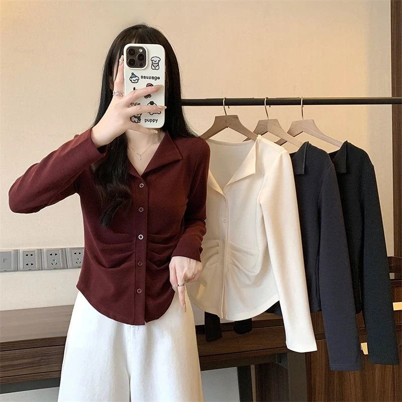 包包微胖大码秋季新款翻领褶皱长袖内搭打底开衫上衣2935