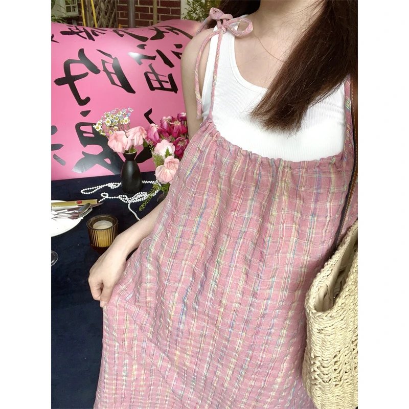 【YILING】甜妹微醺甜糖粉色格纹吊带绑带长裙+背心打底套装2813