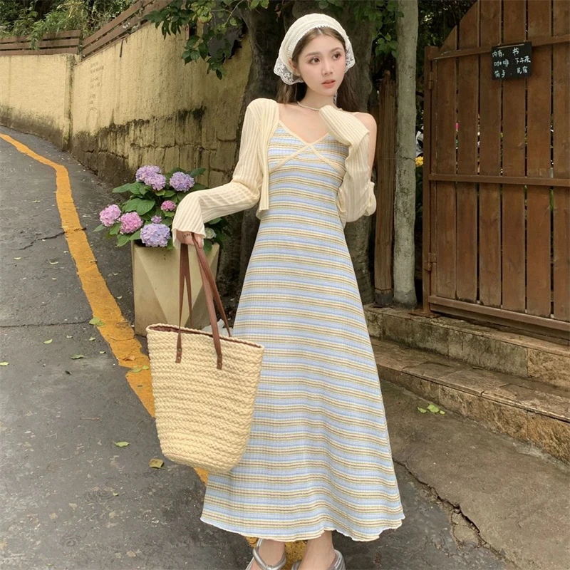 妞妞专属胖mm简约风开衫+条纹吊带连衣裙遮肉显瘦套装6687