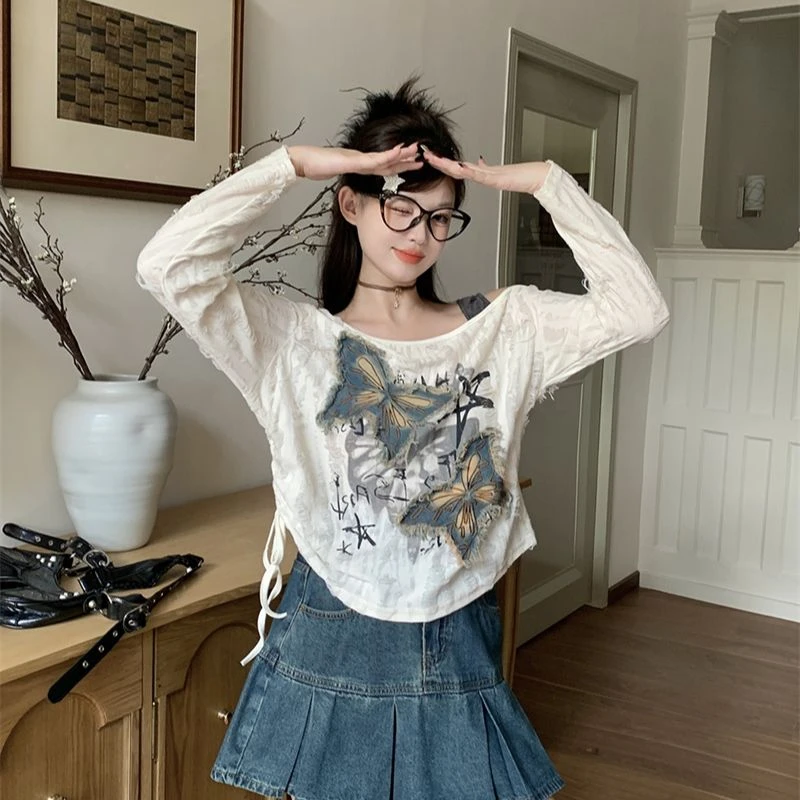 包包专属大码秋季新款长袖露肩蝴蝶贴片T恤上衣2901