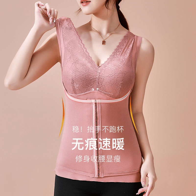 排扣收腹保暖背心女蕾丝性感V领保暖衣塑身美体外穿保暖内衣