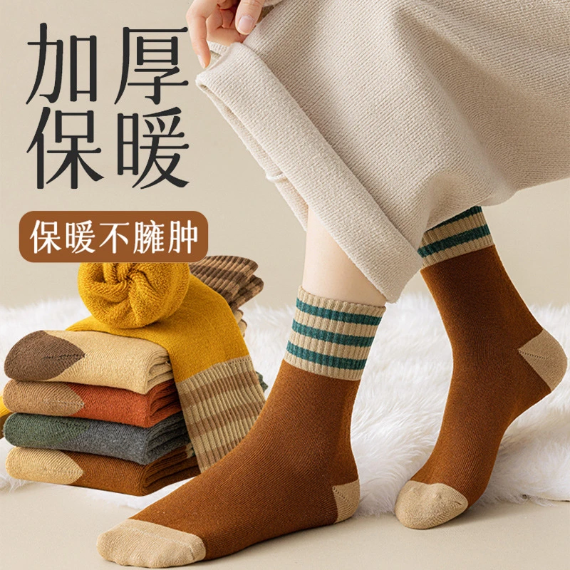 5双毛圈袜女秋冬加绒加厚中筒袜三杠保暖地板袜保暖袜潮袜女