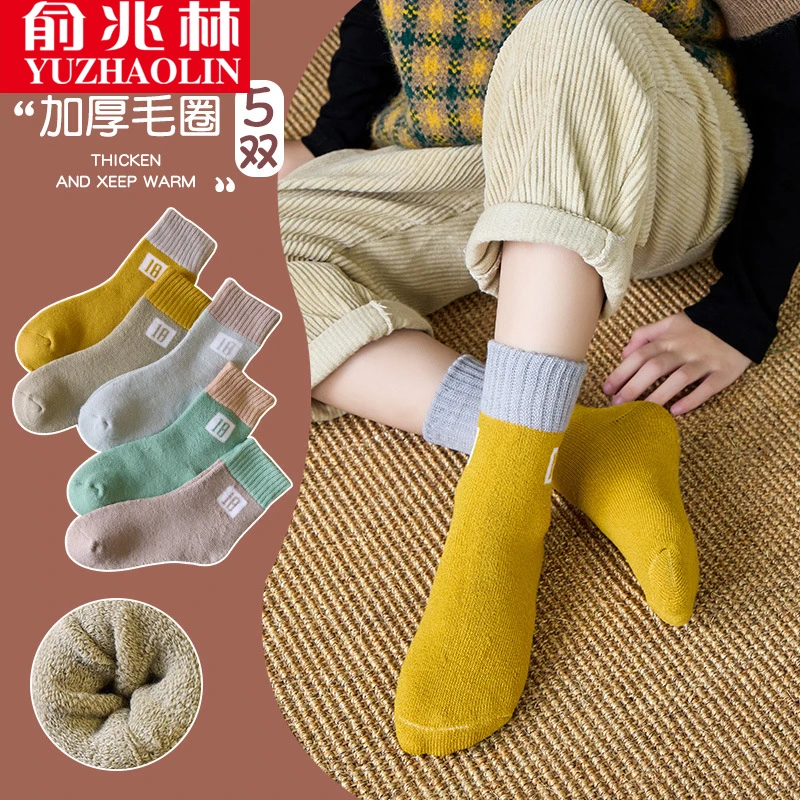 5双儿童袜子秋冬季加厚加绒保暖男童女童长筒宝宝中大童中筒棉袜