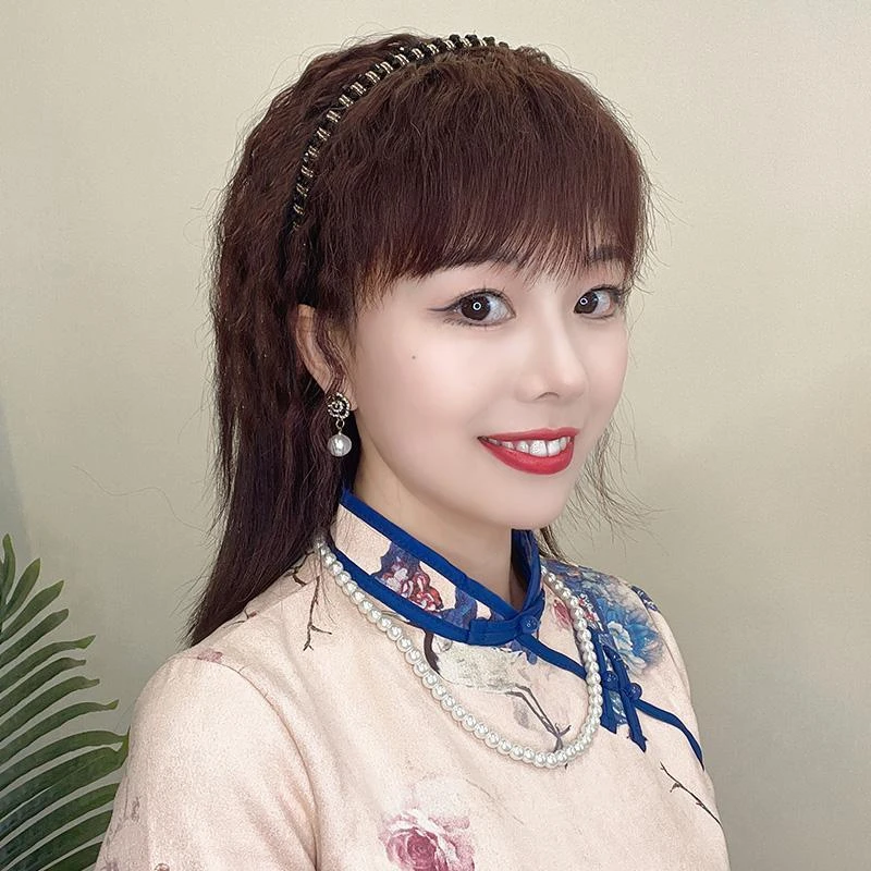 假发女发箍刘海一体式补发卷发片带水钻真人发丝遮白发蓬松增发
