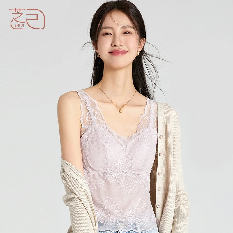 芝己春夏新款蕾丝美背背心女长款带胸垫时尚内搭性感内衣蕾丝美背