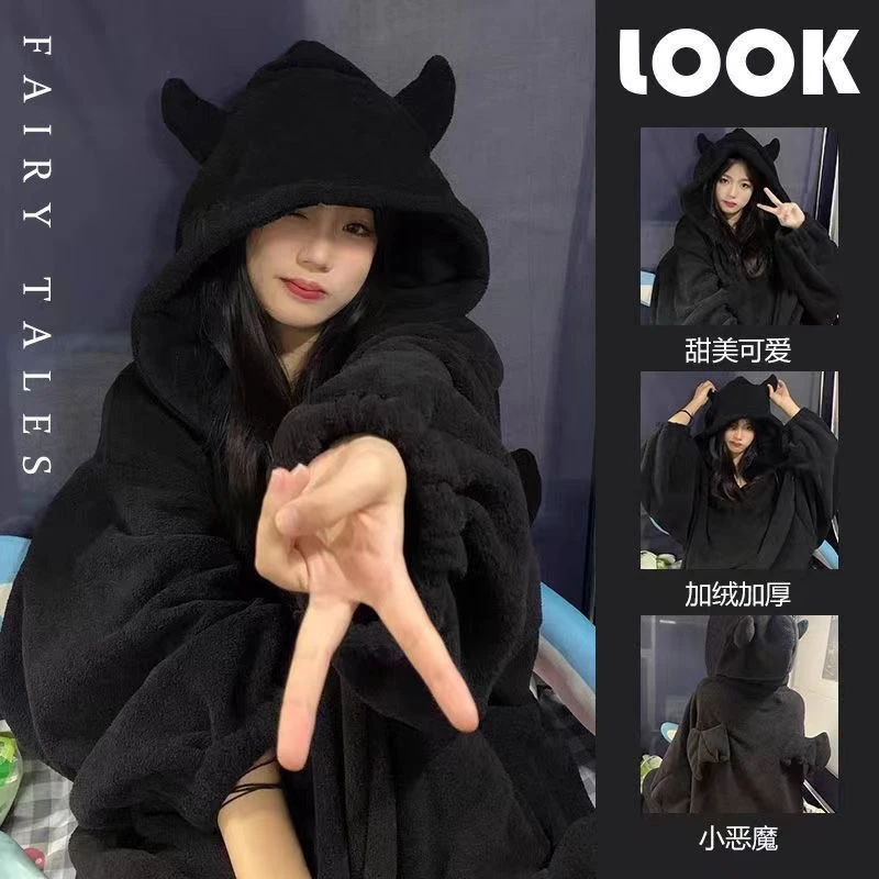 【秋冬潮流】小恶魔连帽睡袍加厚居家服连体衣男女情侣睡衣超大卫衣