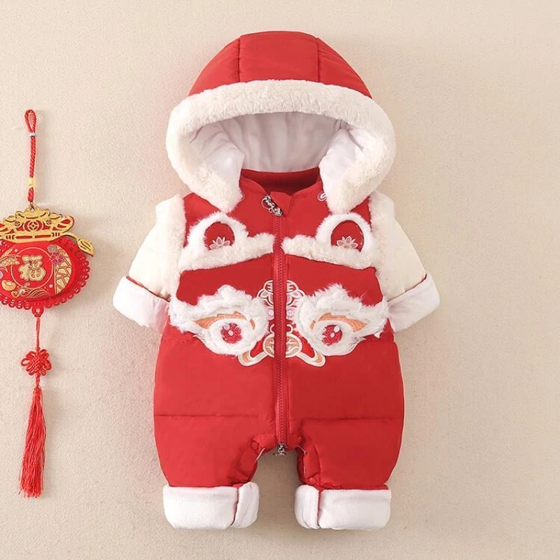 保暖婴儿冬季红色喜庆抓周加绒加厚中国风国潮新年爬服服拜年哈衣