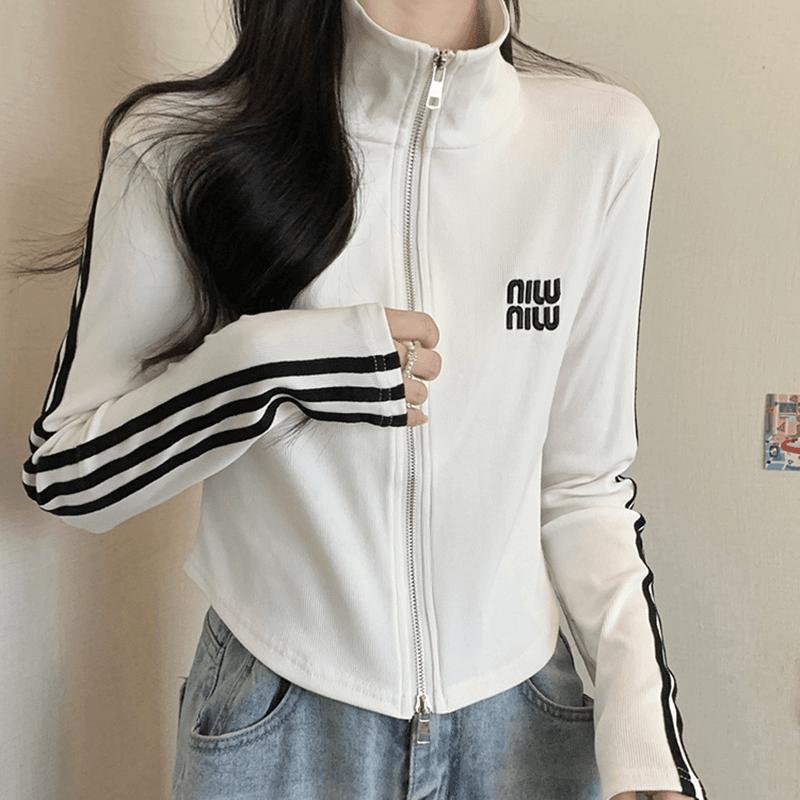 纤伽 2023春季新款时尚半高领拉链长袖t恤女修身百搭短款上衣