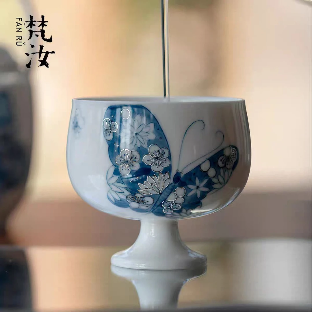 B-CB-1357 蝶恋花青花蝴蝶-描银高足杯