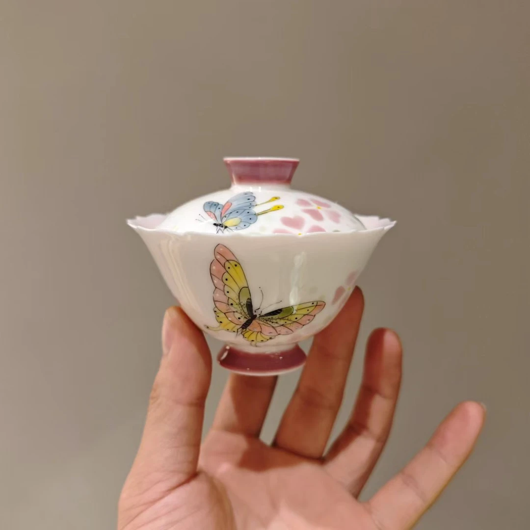 FYCJ0030 玉泥—粉色舞蝶花口盖碗直播间加提溜