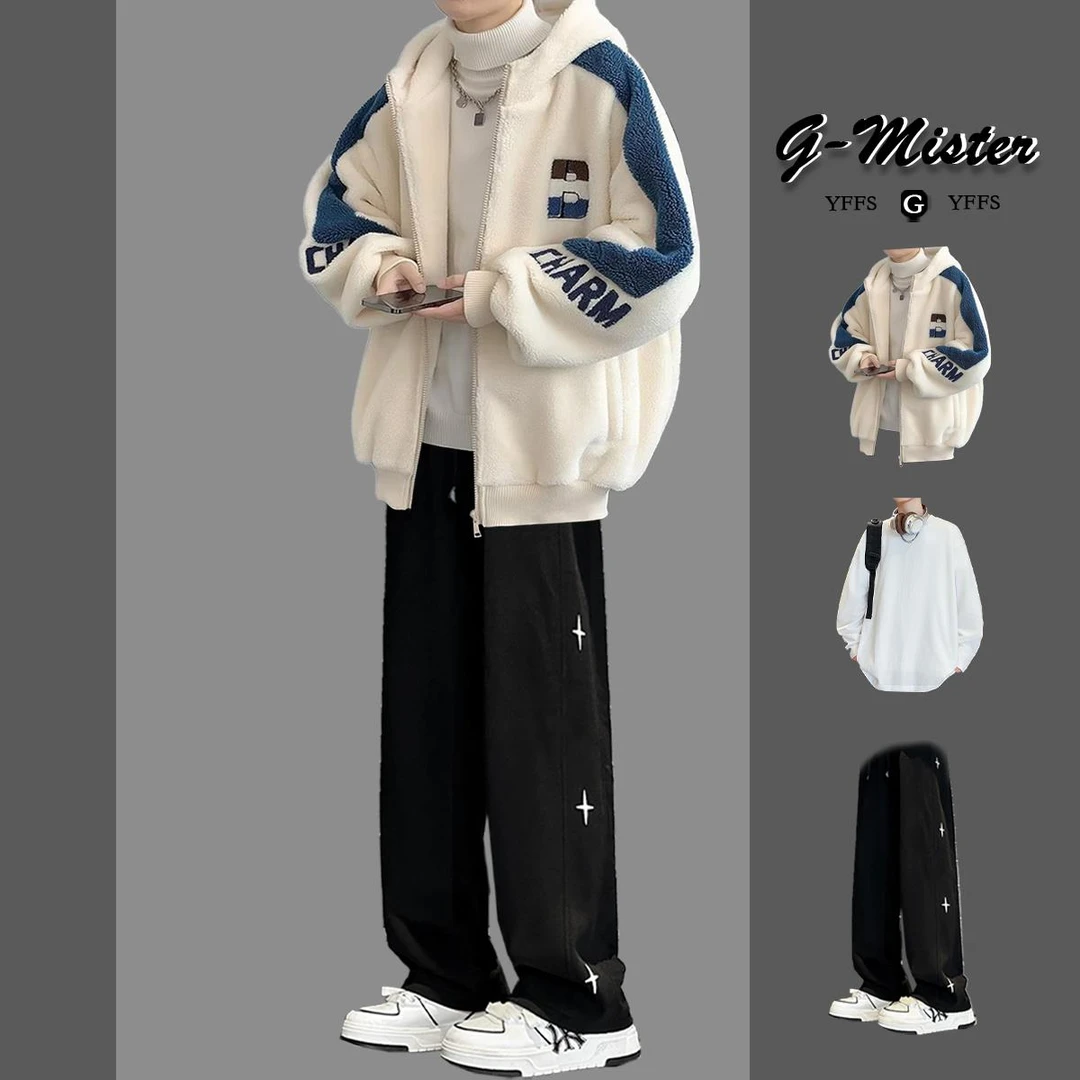 冬季羊羔毛棉服外套男套装加绒加厚棉衣宽松男装运动一整套痞帅气