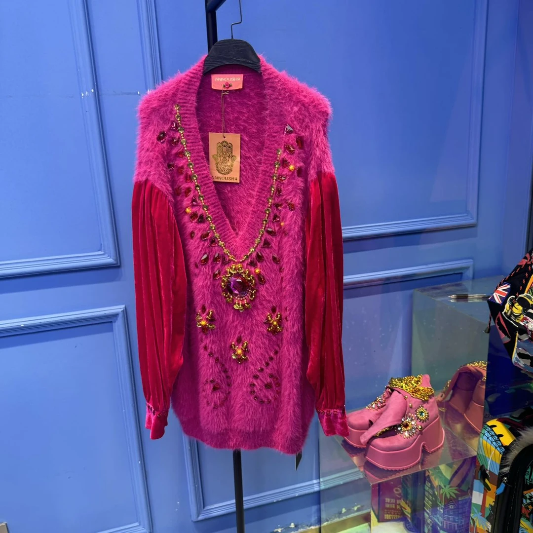 H00038 设计师连卡佛手工刺绣彩色闪钻时尚女性气质减龄毛衣