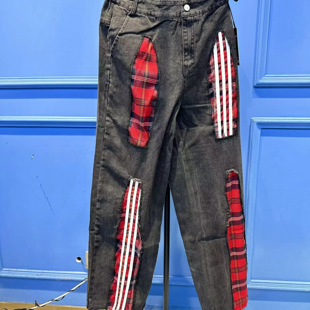 A80730 牛仔时尚休闲百搭黑色潮流拼接秋季春款春季破洞个性裤子