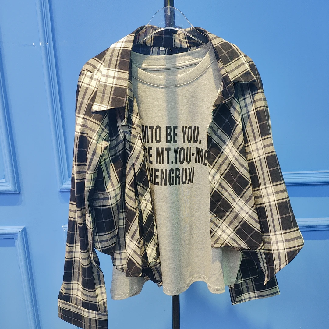 69408个性格子长袖衬衫内塔T恤