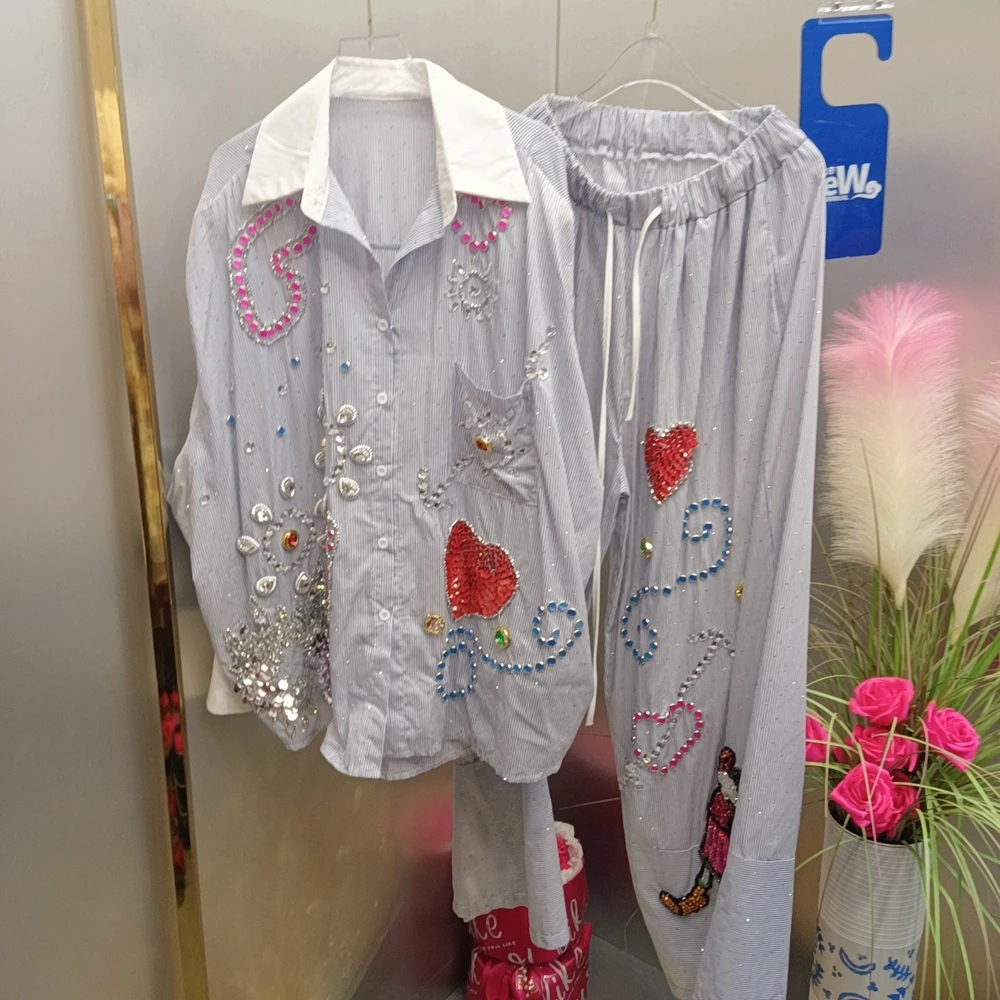 1046 婷姐潮牌 设计师春夏爱心亮片时尚套装