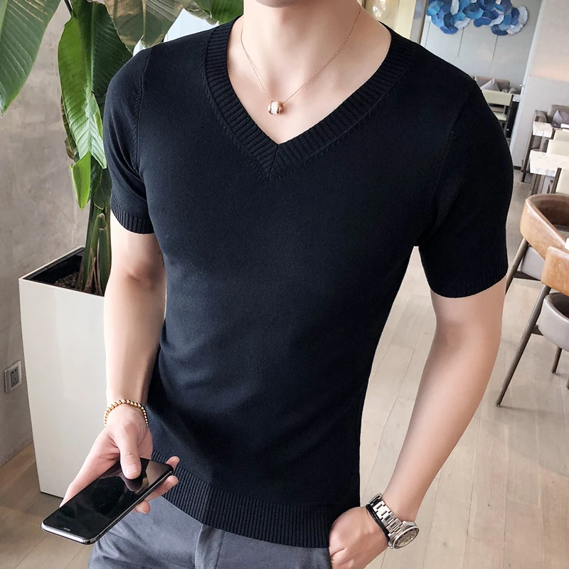 夏季新款男装冰丝针织衫短袖T恤V领薄款体恤韩版修身打底衫线衣