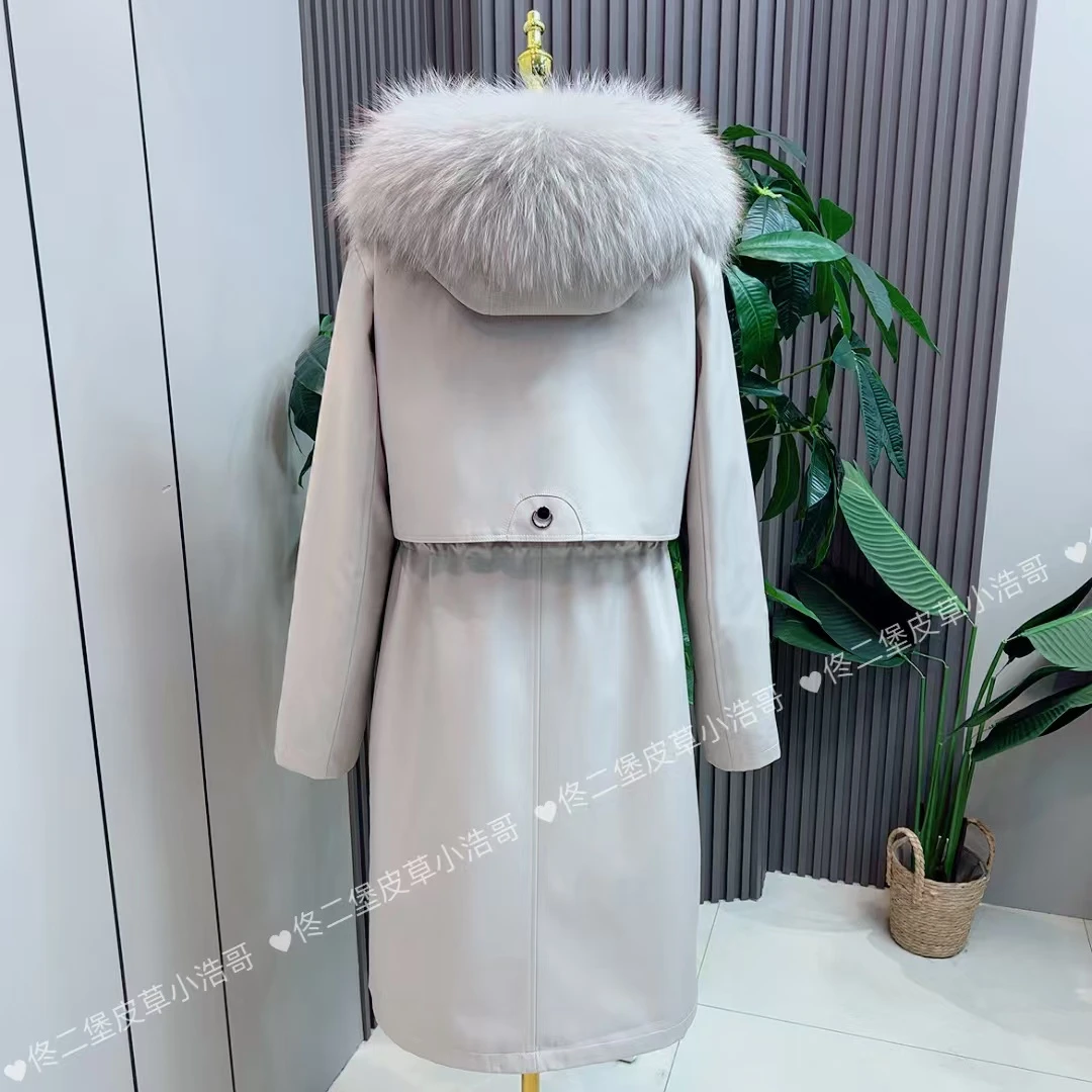 冬季新款一米日月羽绒兔毛皮毛一体袖加毛女款加厚皮草派克服外套