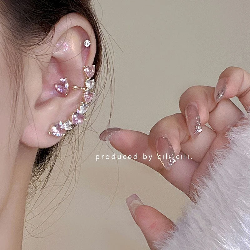 cili爱神之箭粉色少女爱心高级耳钉耳骨夹一体式不对称气质耳饰女