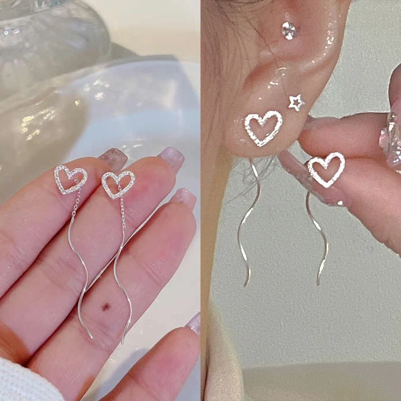 「日落派对」浪漫时分。韩版长款镂空爱心波浪耳线超仙气质绝美女