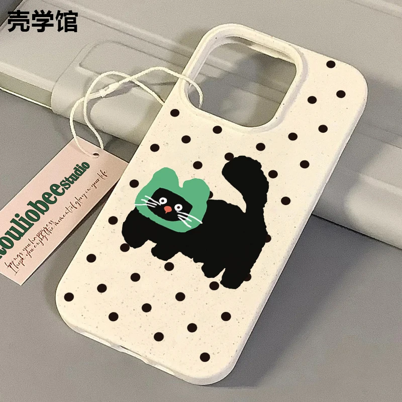壳学馆波点黑猫适用苹果15手机壳iPhone14promax小麦软胶13创意12