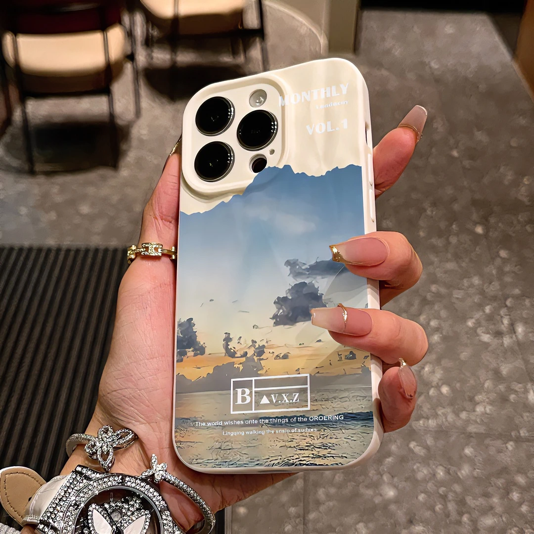 清晨海面苹果15promax手机壳iphone14/13卡通12折皱壳11x/xr/8p/7