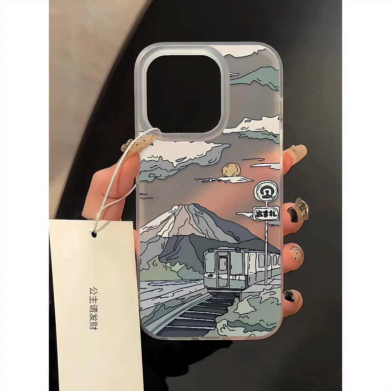 壳学馆油画月下列车适用苹果15手机壳iPhone14promax大孔13防摔12
