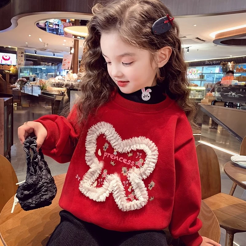 女童加绒卫衣洋气儿童卡通红色新年保暖上衣秋冬装2025女孩打底衫