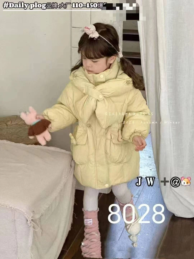 浅浅屿多现货女童加绒加厚棉服长款连帽外套韩版冬季洋气中长款