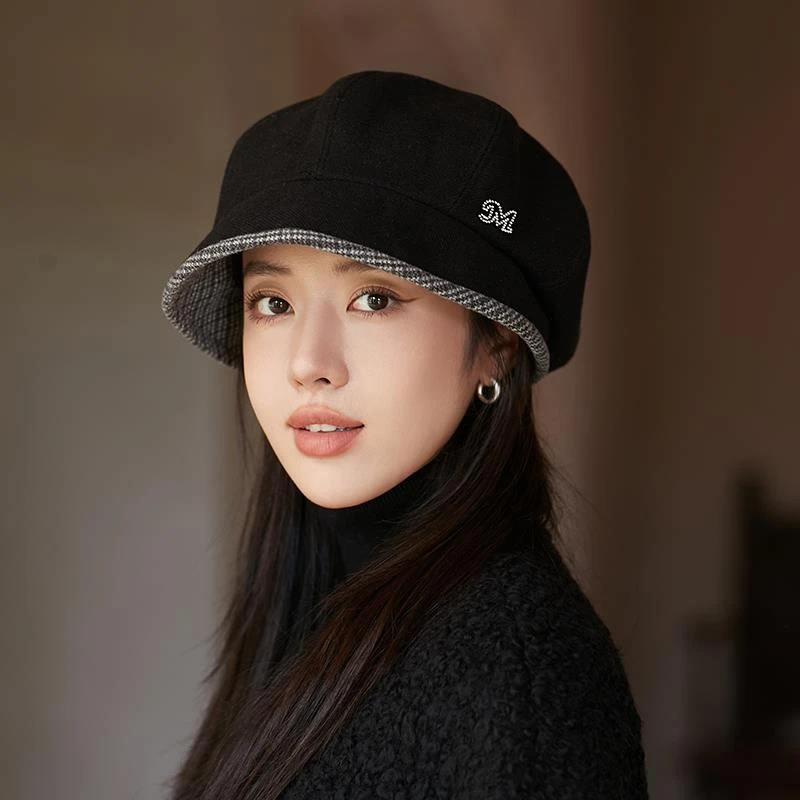 秋冬季保暖百搭优雅渔夫帽女气质显脸小盆帽英伦格子护耳八角帽潮