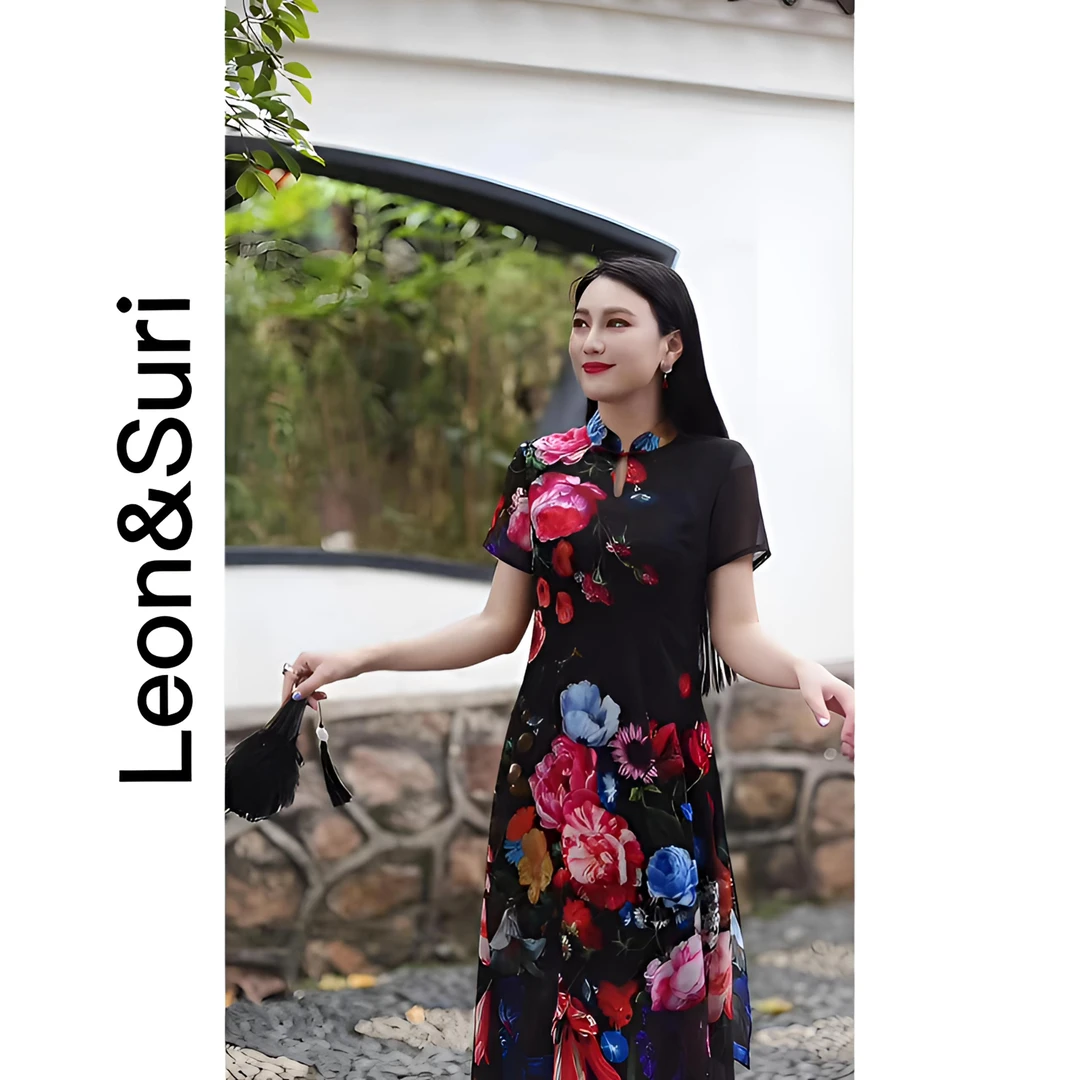 Leon&Suri“繁花谧境”新款高腰女装连衣裙奥黛显瘦复古印花连衣裙